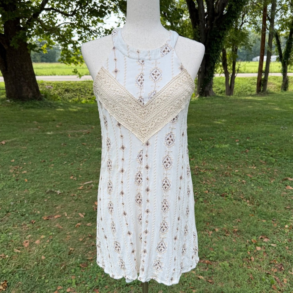 Altar'd State Jacey Tribal Embroidered Boho Mini Dress White Cream Crochet Small